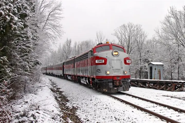 a large long train on a train track with trees in the background