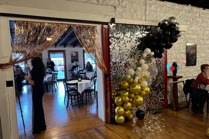 The depot building decorated for New Years' Eve