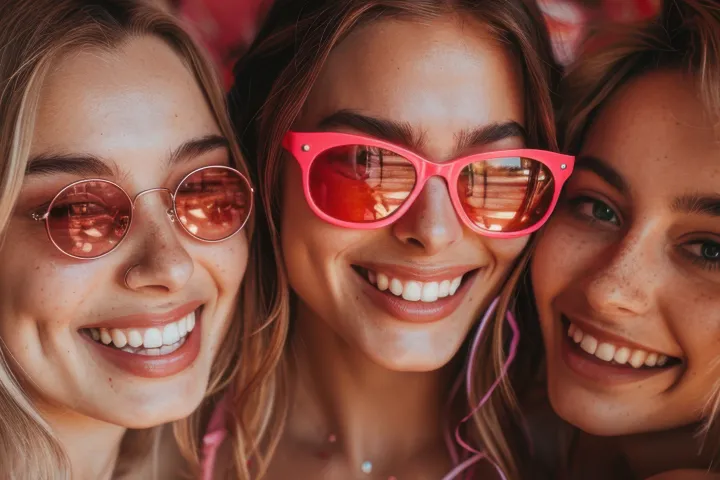 Three smiling women wearing sunglasses with heart decorations in the background.
