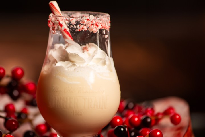Festive drink with whipped cream, candy cane, berries on a red tray.