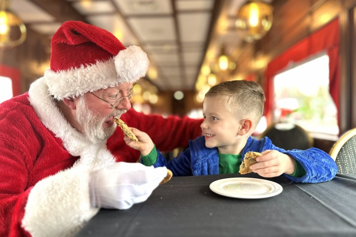 Child sharing a cookie with Santa on a train, smiling at each other.