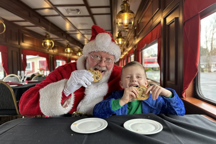 Man in Santa costume and child eating cookies on a train.